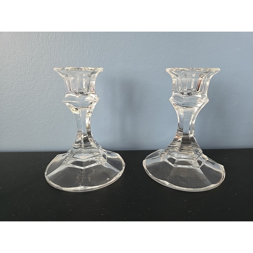 Vintage Clear Cut Candle Candlestick‎ Holders Etched Glass Pair
